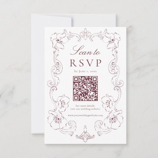 Elegant Burgundy Ornate Floral QR Code Wedding RSVP Kaartje (Voorkant)