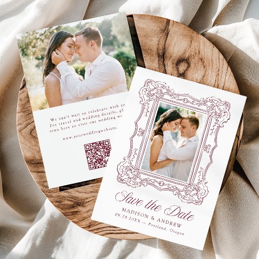 Elegant Burgundy Ornate Frame QR Code Wedding Save The Date