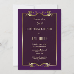 Elegant Burgundy Paars Gold 30th Birthday Dinner Kaart