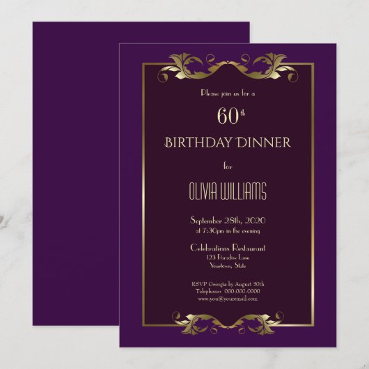 Elegant Burgundy Paars Gold 60th Birthday Dinner Kaart (Voorkant / Achterkant)