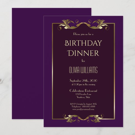 Elegant Burgundy Paars Gold Birthday Dinner Party Kaart (Voorkant / Achterkant)