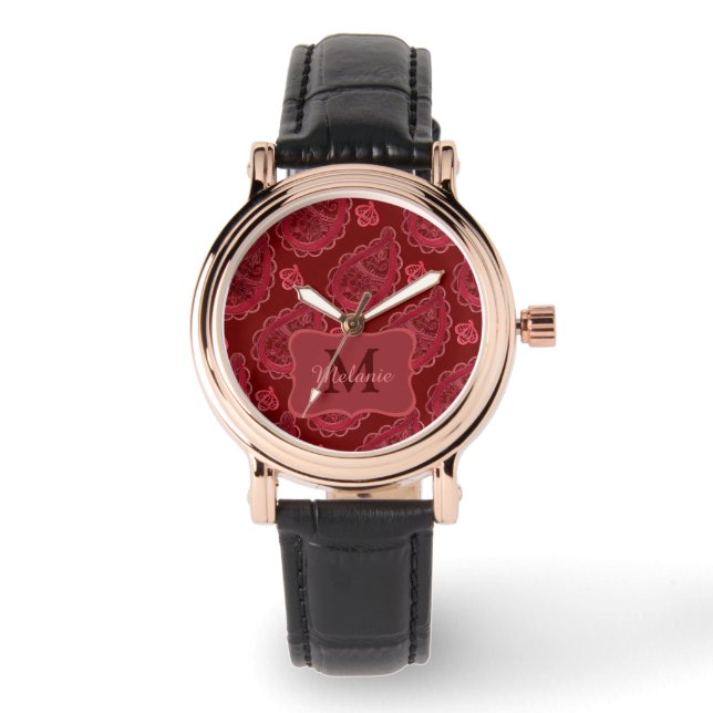 Elegant Burgundy Paisley Pattern gepersonaliseerd Horloge (Voorkant)