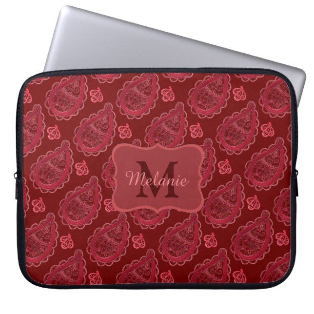 Elegant Burgundy Paisley Pattern gepersonaliseerd Laptop Sleeve (Voorkant)