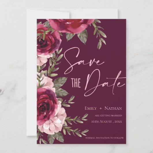 Elegant  Burgundy Peach Floral Wedding Save Save The Date (Voorkant)