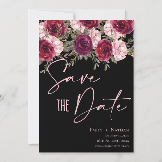 Elegant Burgundy Peach Floral Wedding Save The Date (Voorkant)