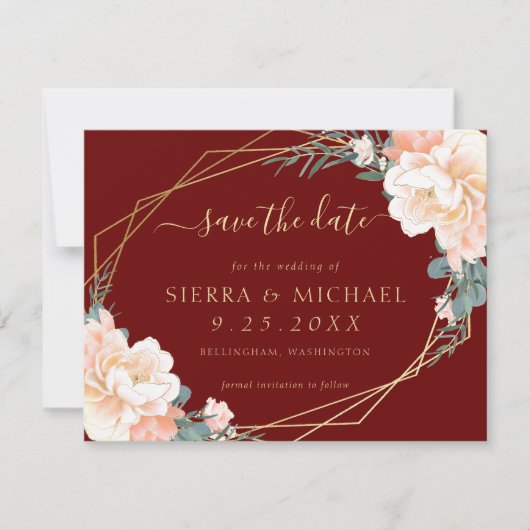 Elegant Burgundy Peach Gold Floral Save the Date Kaart (Voorkant)