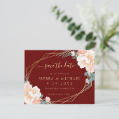 Elegant Burgundy Peach Gold Floral Save the Date Kaart (Staand voorkant)