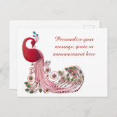 Elegant Burgundy Peacock & Feathers Gepersonalisee Aankondigingskaart (Voorkant / Achterkant)