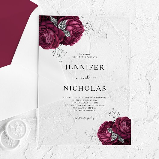 Elegant Burgundy Peonies Floral Wedding Acryl Uitnodigingen