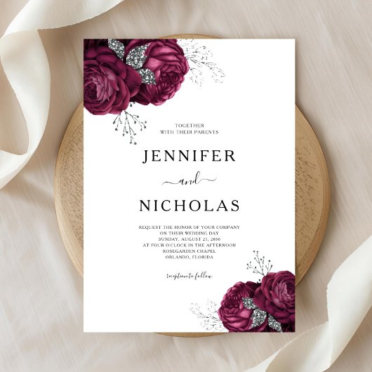 Elegant Burgundy Peonies Floral Wedding Kaart