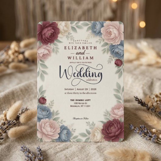 Elegant Burgundy Peonies Roses  QR Code Wedding Kaart