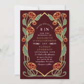 Elegant Burgundy Peony Art Nouveau QR Code Wedding Kaart (Voorkant)