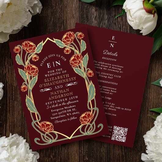 Elegant Burgundy Peony Art Nouveau QR Code Wedding Kaart