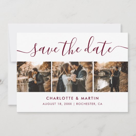Elegant Burgundy Photo Collage Save the Date (Voorkant)