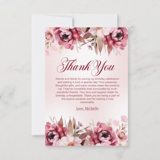 Elegant Burgundy Pink Floral Birthday Bedankkaart (Achterkant)