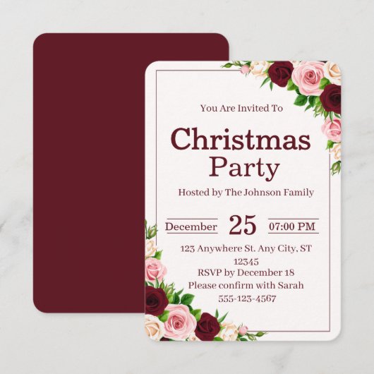 Elegant Burgundy Pink Floral Christmas Party Kaart (Voorkant / Achterkant)