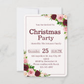 Elegant Burgundy Pink Floral Christmas Party Kaart (Voorkant)