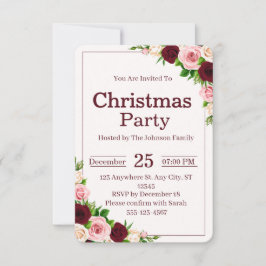 Elegant Burgundy Pink Floral Christmas Party Kaart