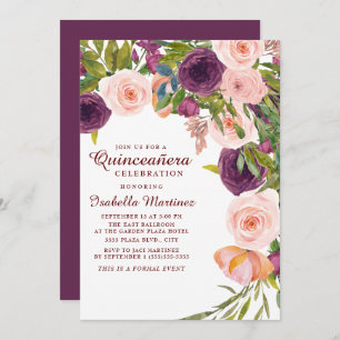 Elegant Burgundy Pink Floral Quinceañera Kaart