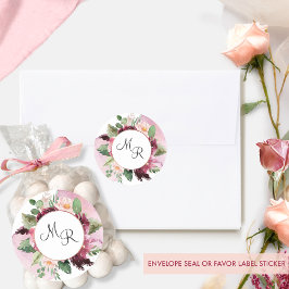 Elegant Burgundy Pink Floral Wedding Envelope Seal Ronde Sticker