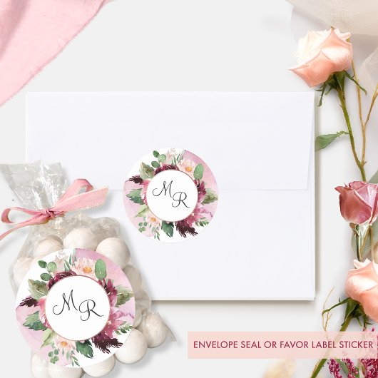 Elegant Burgundy Pink Floral Wedding Envelope Seal Ronde Sticker