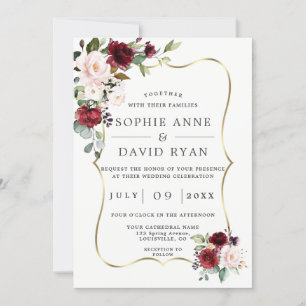 Elegant Burgundy Pink Flowers Gold Lijst Weddensch Kaart