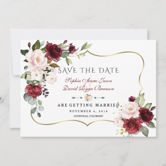 Elegant Burgundy Pink Flowers Gold Lijst Weddensch Save The Date (Voorkant)