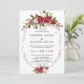 Elegant Burgundy Pink Flowers Gold Wedding Kaart (Staand voorkant)