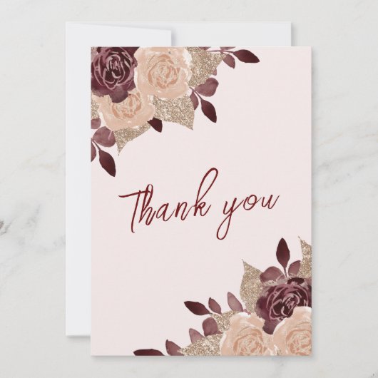 Elegant Burgundy Pink Glitter Floral Weduwfoto Bedankkaart (Voorkant)