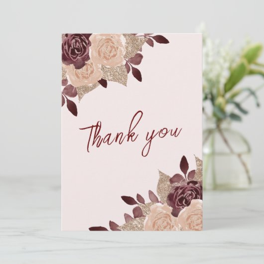Elegant Burgundy Pink Glitter Floral Weduwfoto Bedankkaart (Staand voorkant)