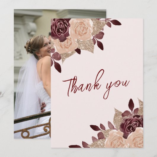 Elegant Burgundy Pink Glitter Floral Weduwfoto Bedankkaart (Voorkant / Achterkant)