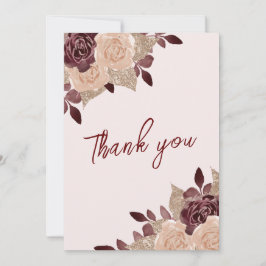 Elegant Burgundy Pink Glitter Floral Weduwfoto Bedankkaart