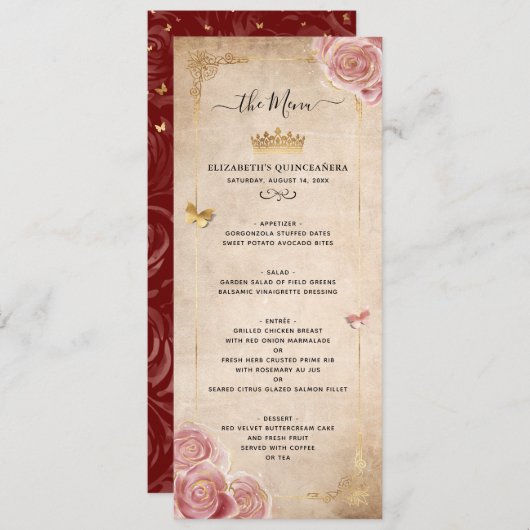 Elegant Burgundy Pink Rose Gold Waterverf Floral Menu (Voorkant / Achterkant)