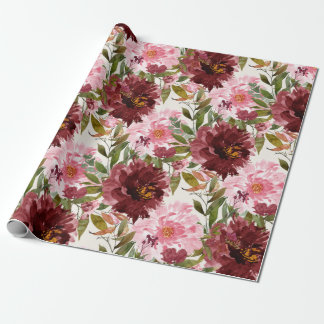 Elegant Burgundy Pink Waterverf Floral Botanisch Cadeaupapier