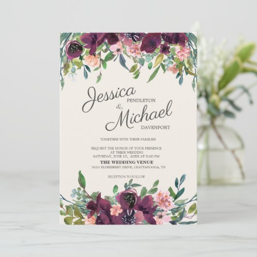 Elegant Burgundy Pink Waterverf Floral Kaart (Staand voorkant)