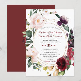 Elegant Burgundy Plum Blush Flowers Gold Wedding Kaart