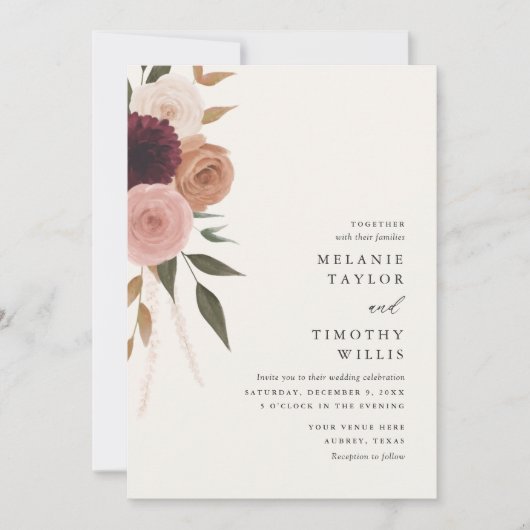 Elegant Burgundy Plum Floral Wedding Invitation Kaart (Voorkant)