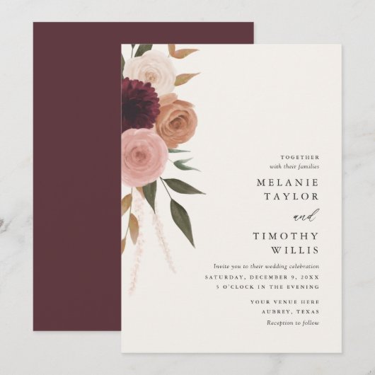 Elegant Burgundy Plum Floral Wedding Invitation Kaart (Voorkant / Achterkant)