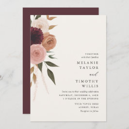 Elegant Burgundy Plum Floral Wedding Invitation Kaart