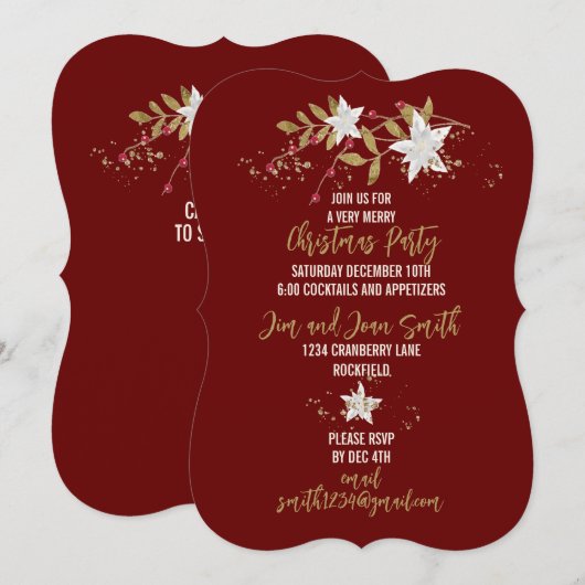 Elegant Burgundy Poinsettia Holiday Partij Kaart (Voorkant / Achterkant)