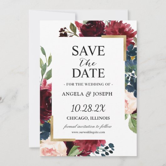 Elegant Burgundy Red Blush Blue Floral Wedding Save The Date (Voorkant)