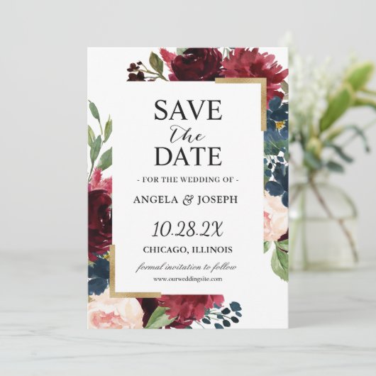 Elegant Burgundy Red Blush Blue Floral Wedding Save The Date (Staand voorkant)