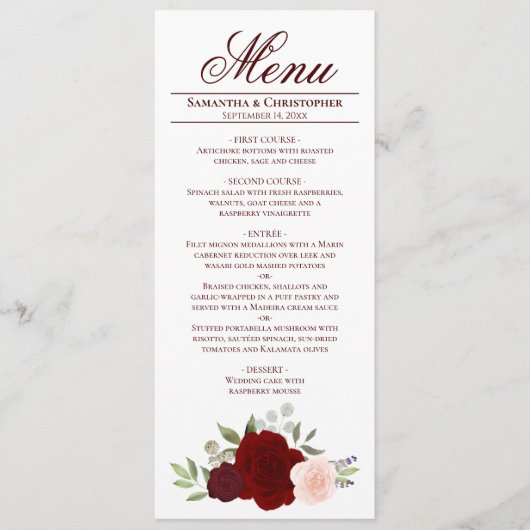 Elegant Burgundy Red & Blush roze bruiloft Menu (Voorkant)