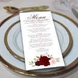 Elegant Burgundy Red & Blush roze bruiloft Menu<br><div class="desc">Dit prachtige menu zal wat stijl aan uw trouwreceptie toevoegen. Het is voorzien van een prachtig boho-blikfloreel ontwerp met een cluster van met de hand geschilderde waterverf rozen in tinten bogundy, rood en wazige roze, samen met kruiderijen van eucalyptusbladeren en tuingroenery. Er is ruimte voor de namen van het paar...</div>