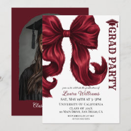 Elegant Burgundy Red Bow Graduation Photo Kaart