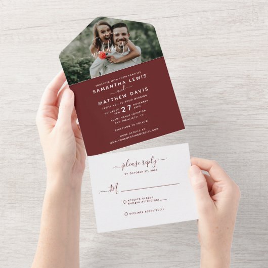 Elegant Burgundy Red Calligraphy Photo Weddenschap All In One Uitnodiging (Afscheurbaar)
