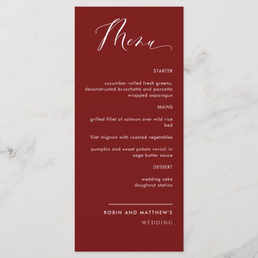 Elegant Burgundy Red Calligraphy Wedding Menu (Voorkant)