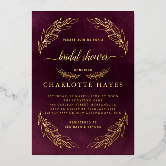 Elegant Burgundy Red en Gold Vrijgezellenfeest Folie Uitnodiging (Voorkant)