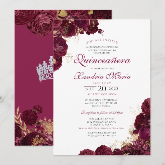 Elegant Burgundy Red Floral Quinceanera Kaart (Voorkant / Achterkant)