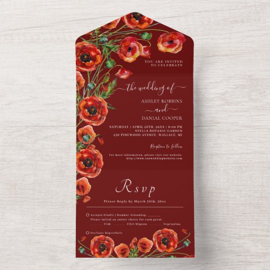 Elegant Burgundy Red Floral Wedding All In One Uitnodiging (Binnen)